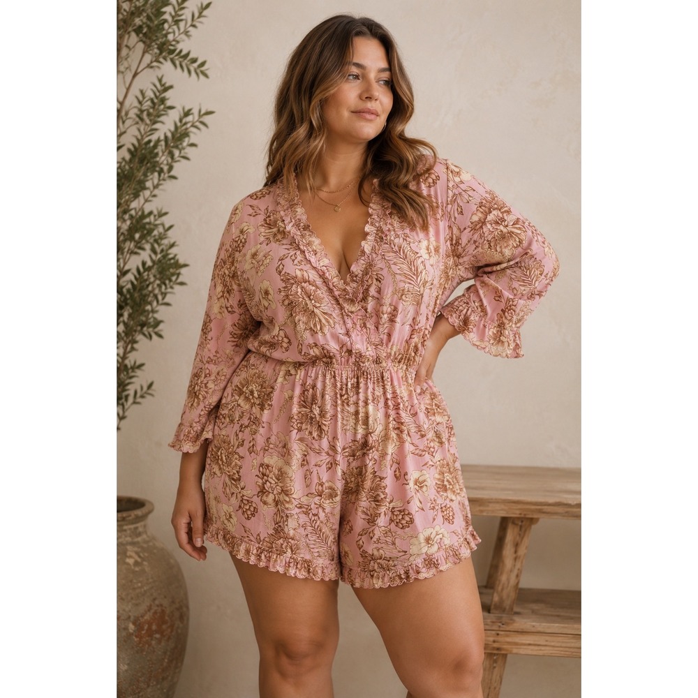 Agua Bendita x Target Pink Floral Ruffle Romper XXL Long Sleeve V-Neck Rayon